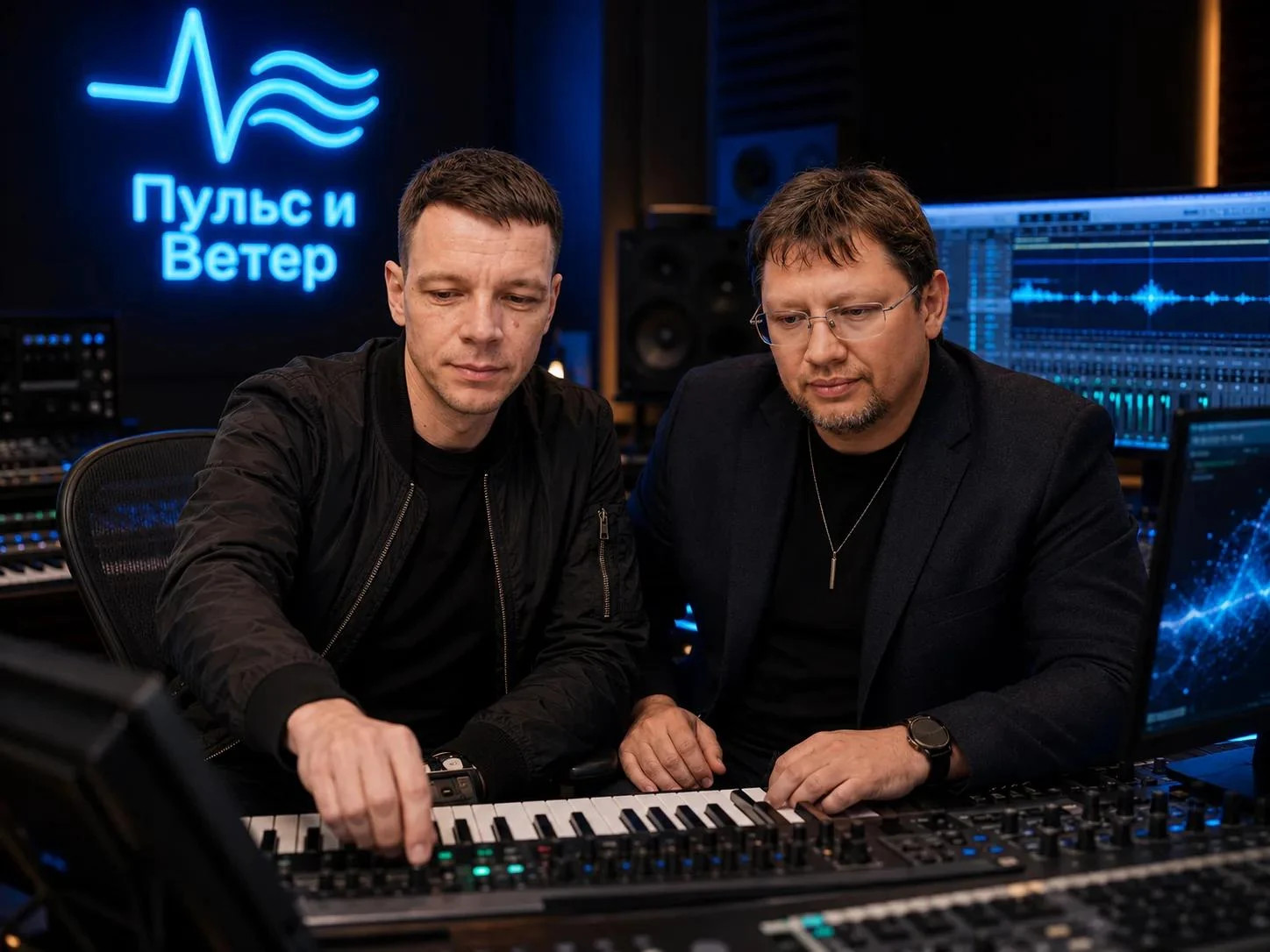 Василий и Станислав в визуальном образе проекта у музыкального оборудования