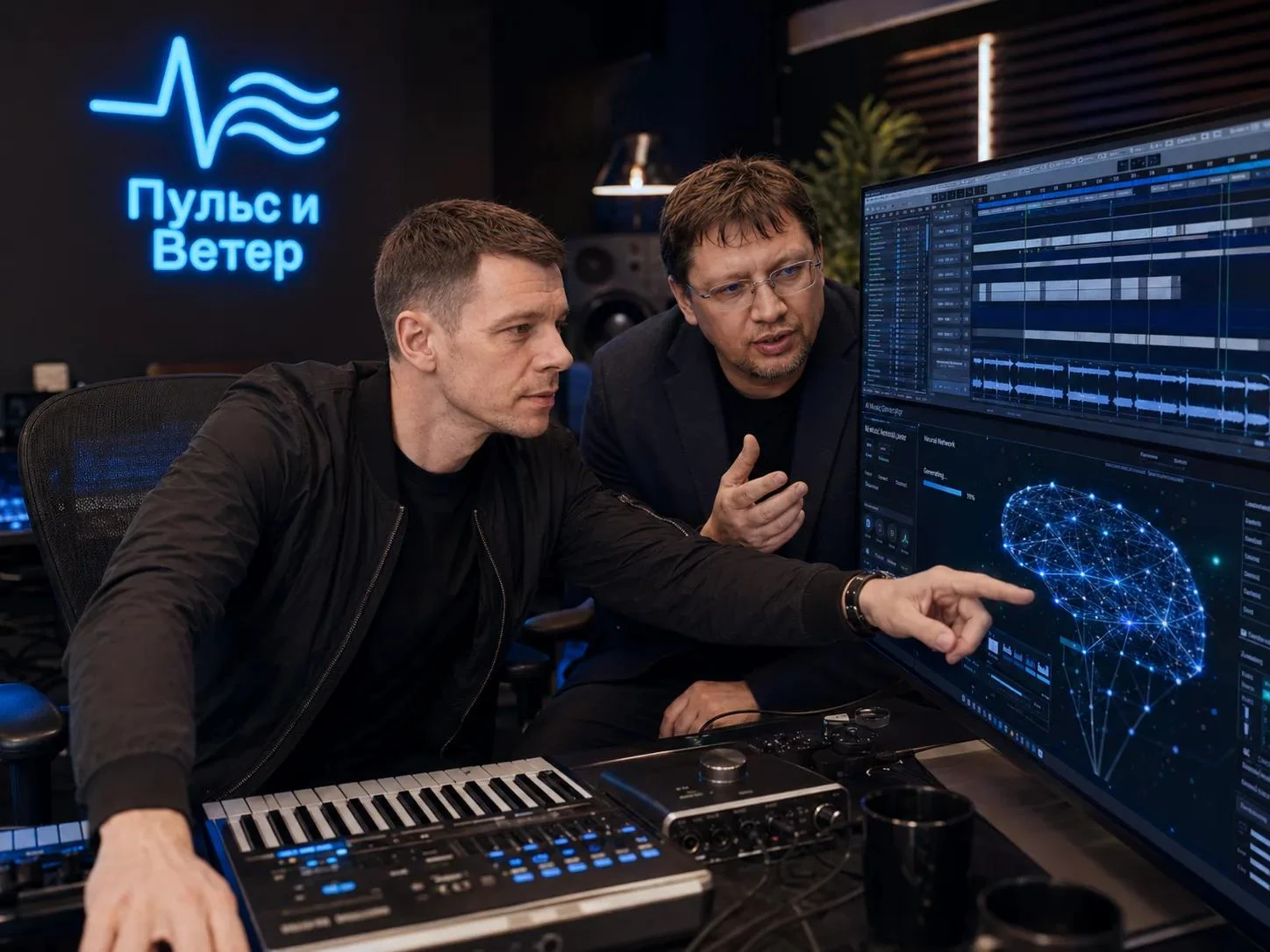 Василий и Станислав в визуальном образе проекта у монитора